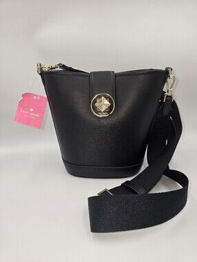 KATE SPADE Black Leather Audrey Mini Bucket Crossbody Bag Gold Accents NEW